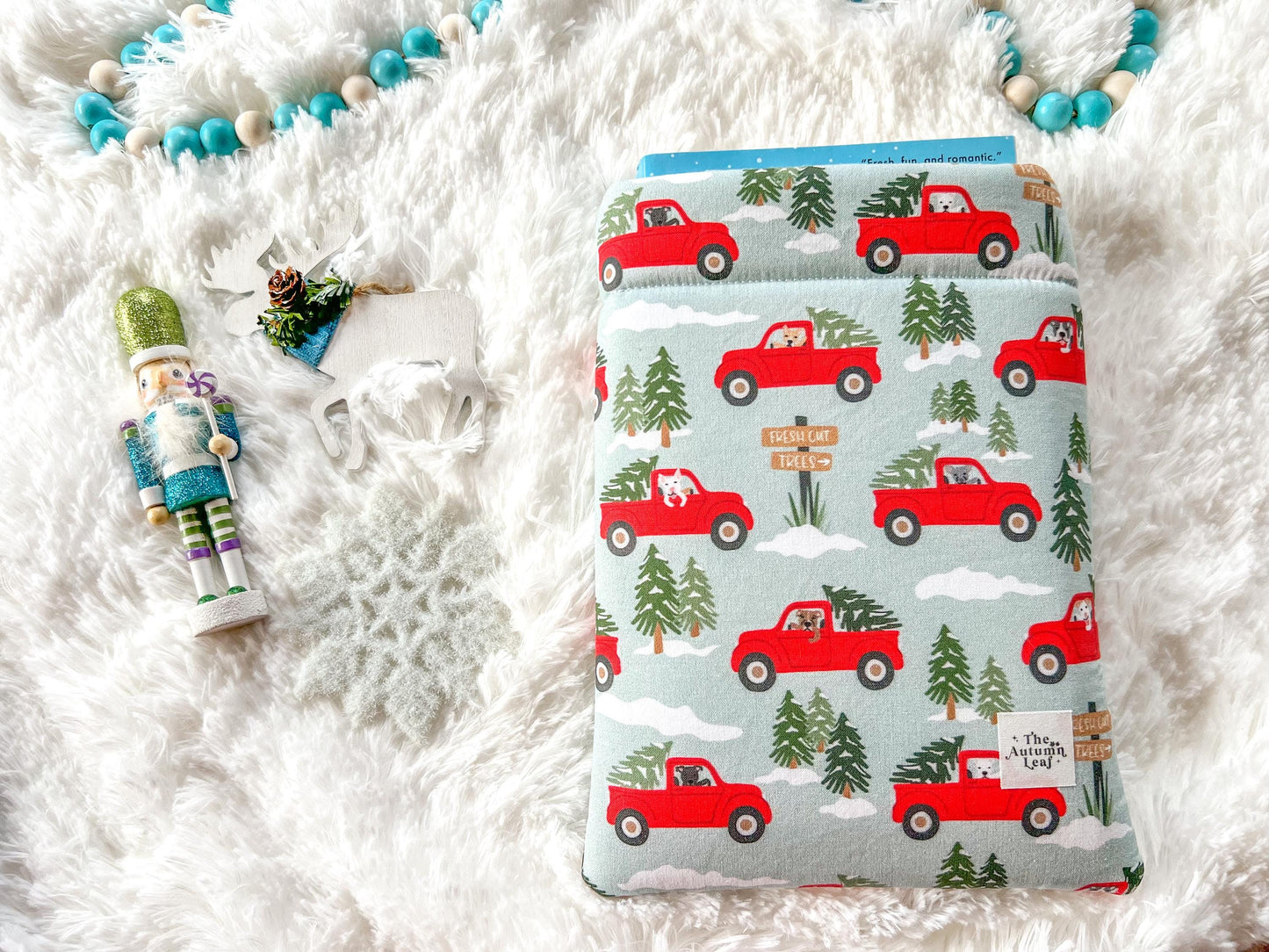 Dogs in Red Trucks Christmas Tree Farm Book Cozy | Christmas Book Cover | Christmas Book Protector | Dog Book Cover | Cozy Book Cover