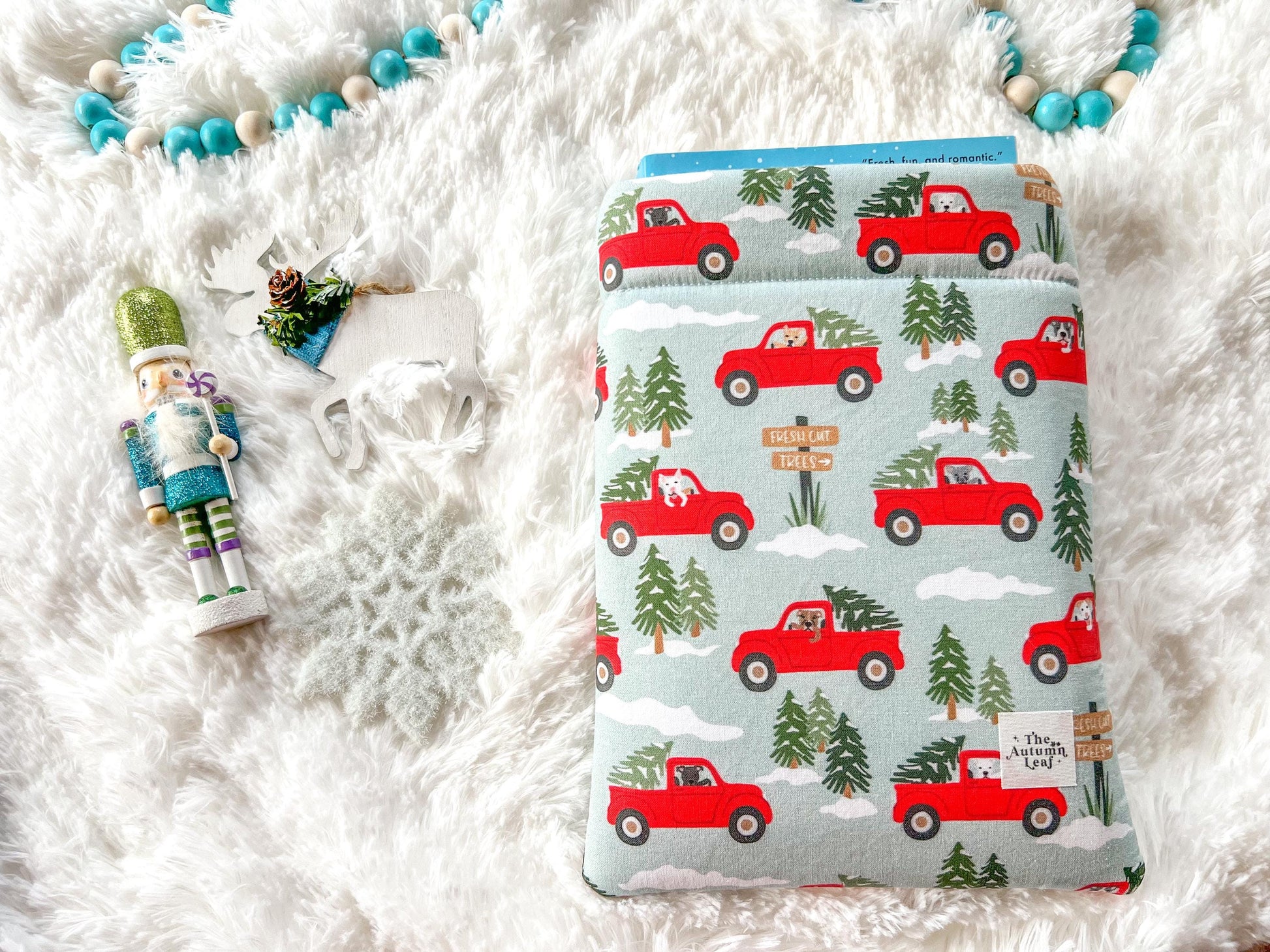Dogs in Red Trucks Christmas Tree Farm Book Cozy | Christmas Book Cover | Christmas Book Protector | Dog Book Cover | Cozy Book Cover