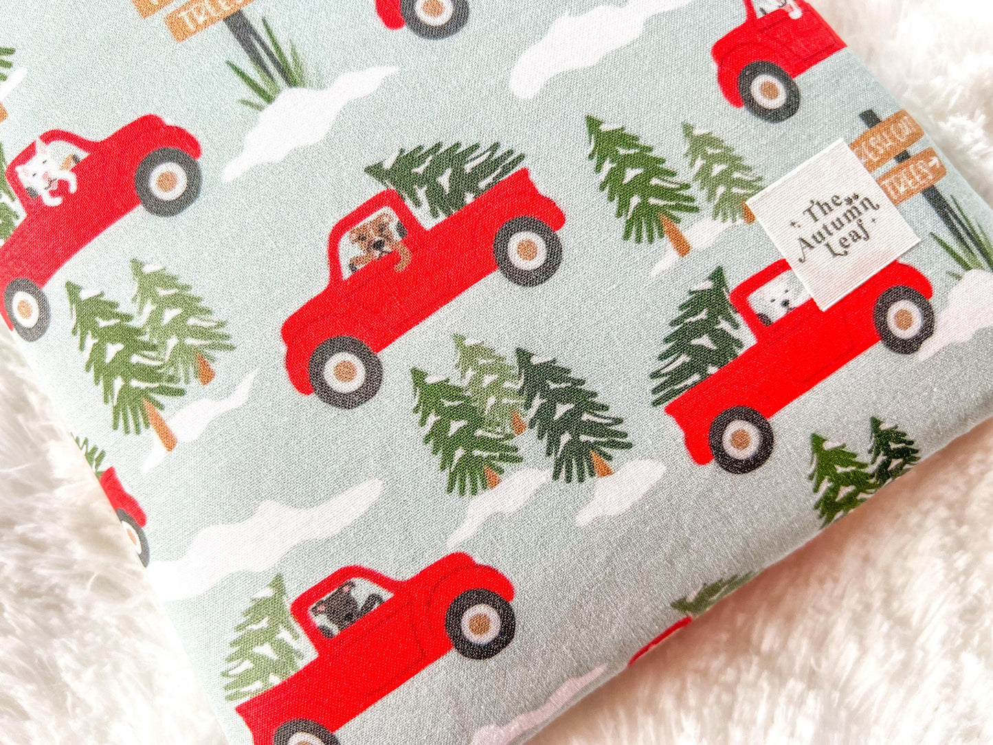 Dogs in Red Trucks Christmas Tree Farm Book Cozy | Christmas Book Cover | Christmas Book Protector | Dog Book Cover | Cozy Book Cover