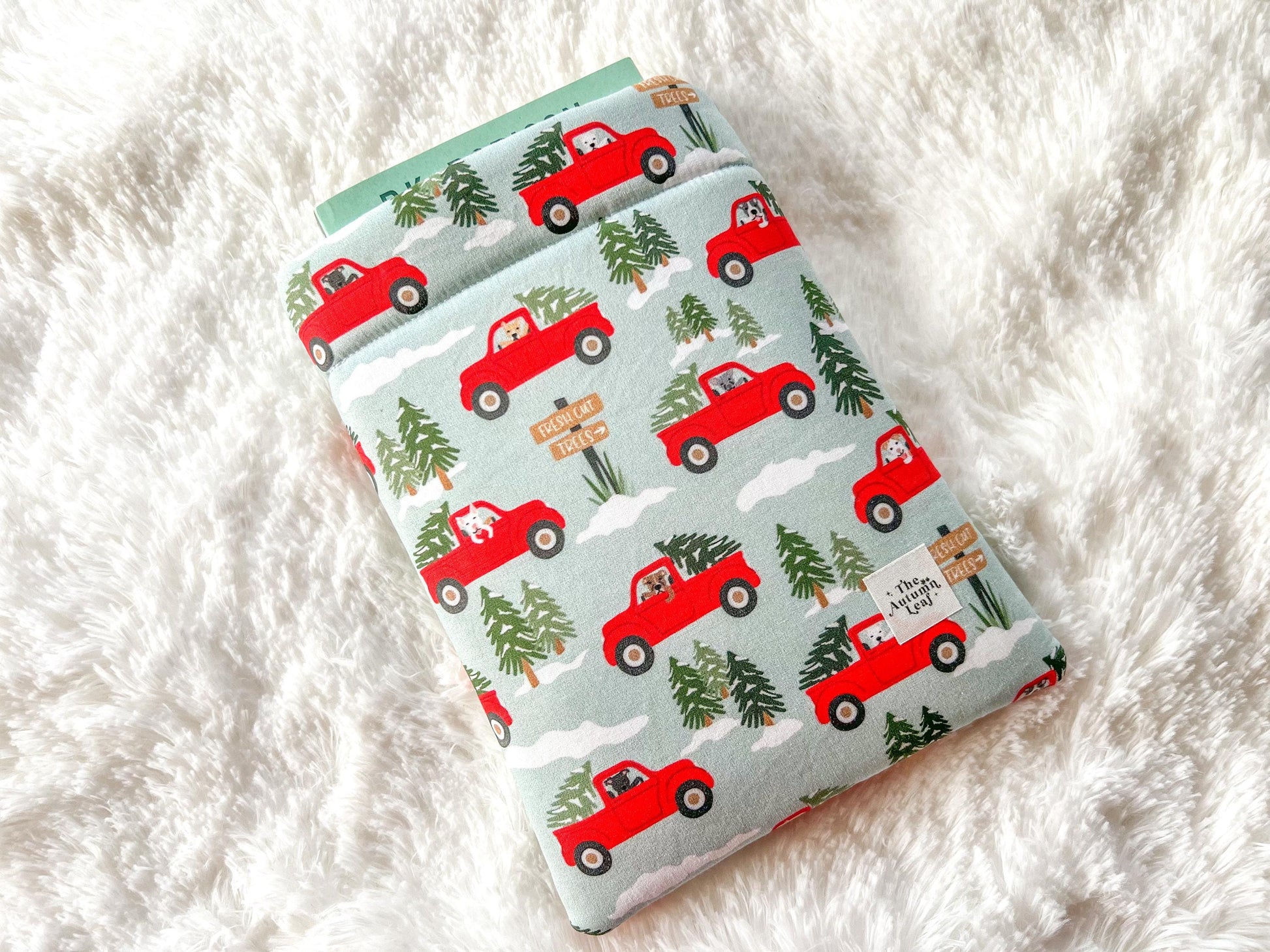 Dogs in Red Trucks Christmas Tree Farm Book Cozy | Christmas Book Cover | Christmas Book Protector | Dog Book Cover | Cozy Book Cover