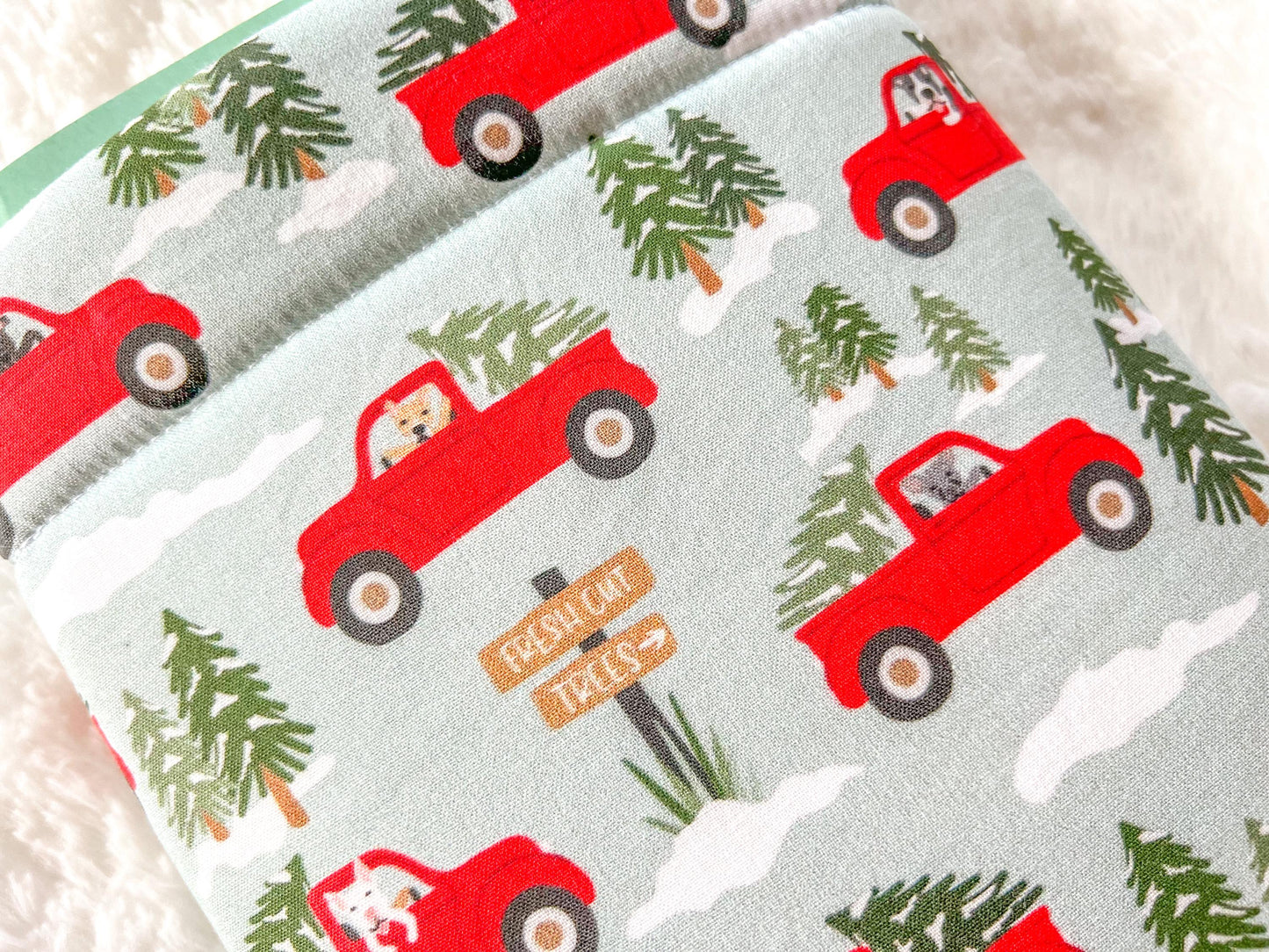 Dogs in Red Trucks Christmas Tree Farm Book Cozy | Christmas Book Cover | Christmas Book Protector | Dog Book Cover | Cozy Book Cover
