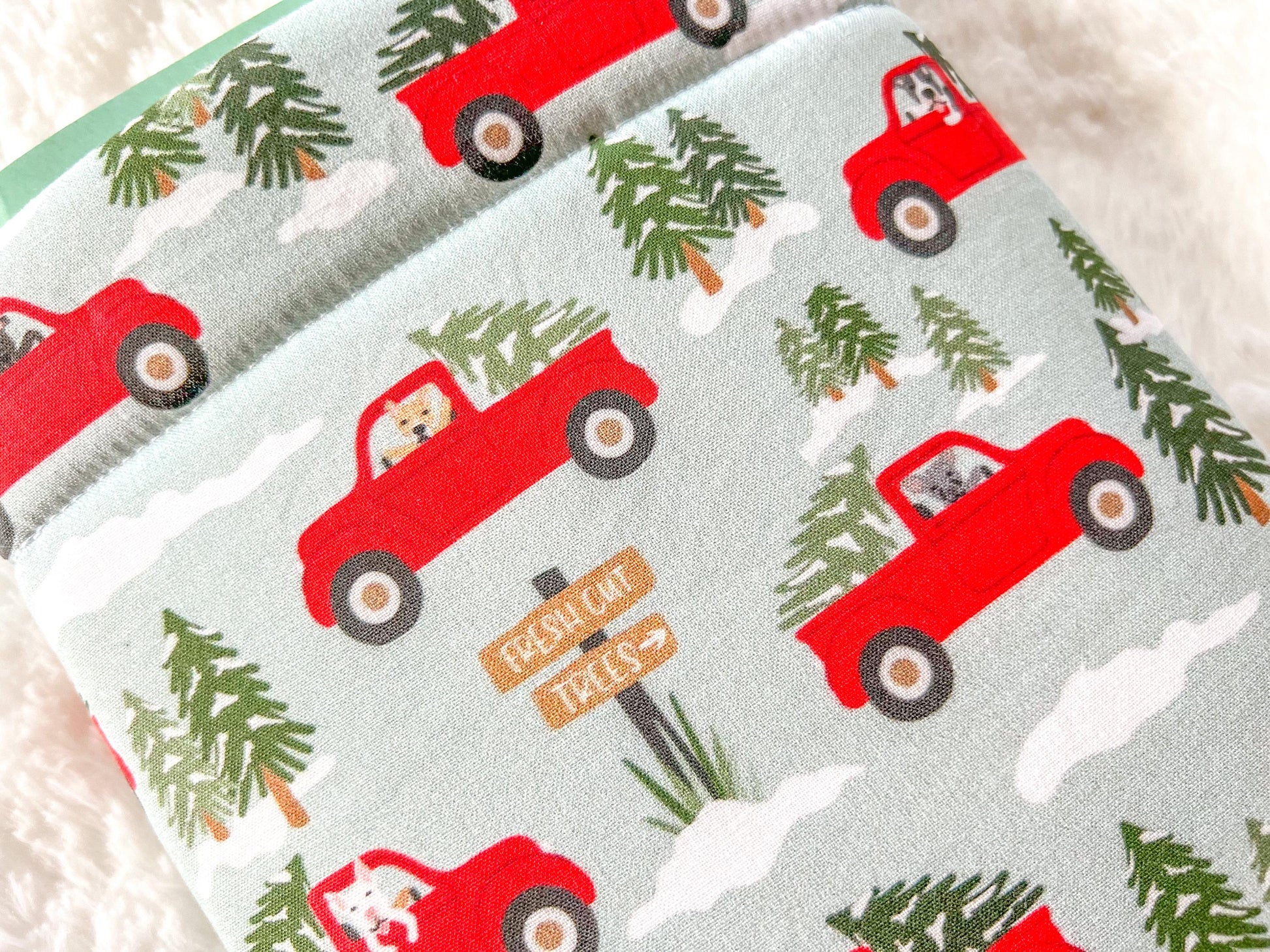 Dogs in Red Trucks Christmas Tree Farm Book Cozy | Christmas Book Cover | Christmas Book Protector | Dog Book Cover | Cozy Book Cover
