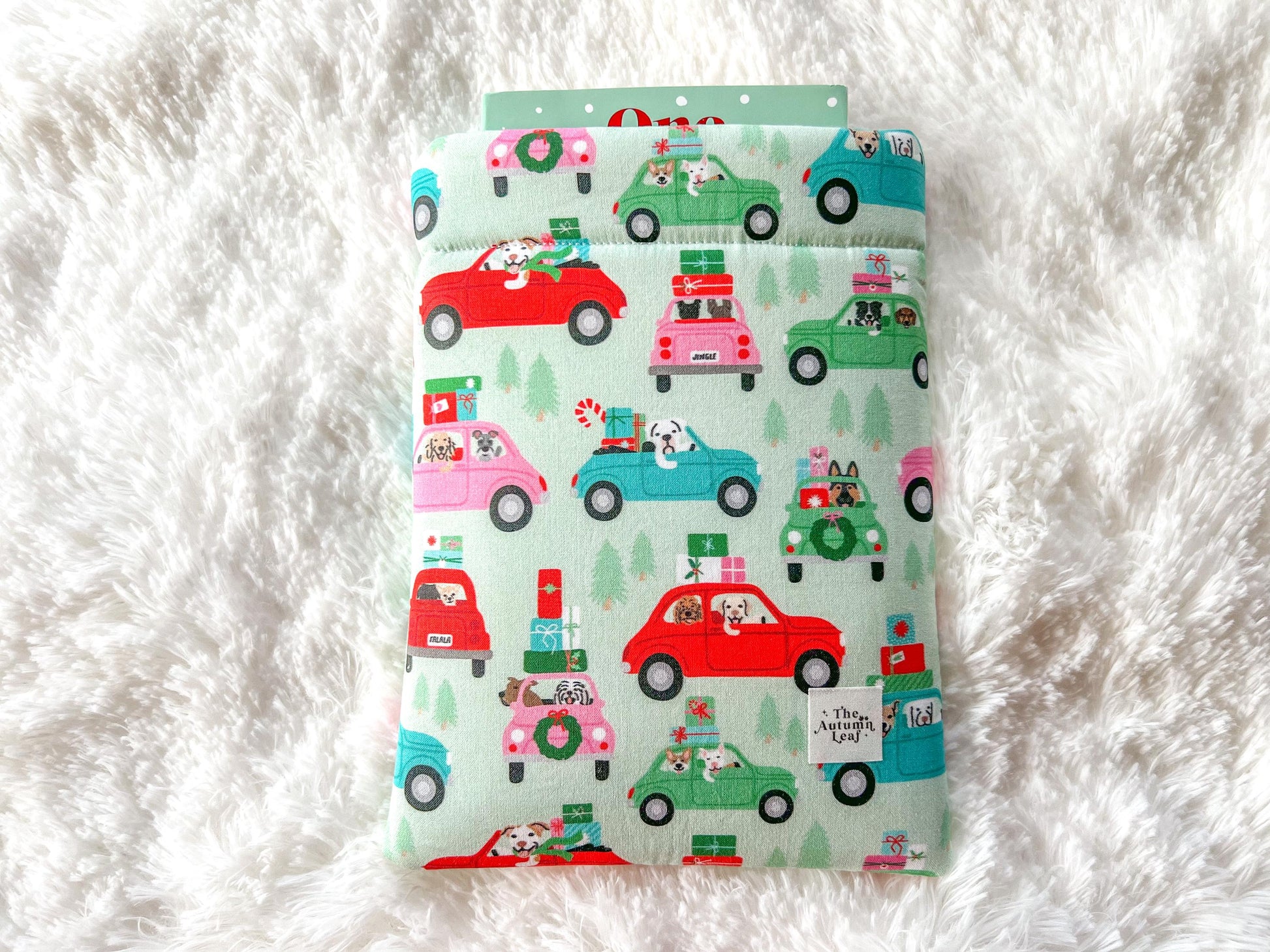 Dogs in Red Cars Christmas Shopping Book Cozy | Christmas Book Cover | Christmas Book Protector | Dog Book Cover | Cozy Book Cover