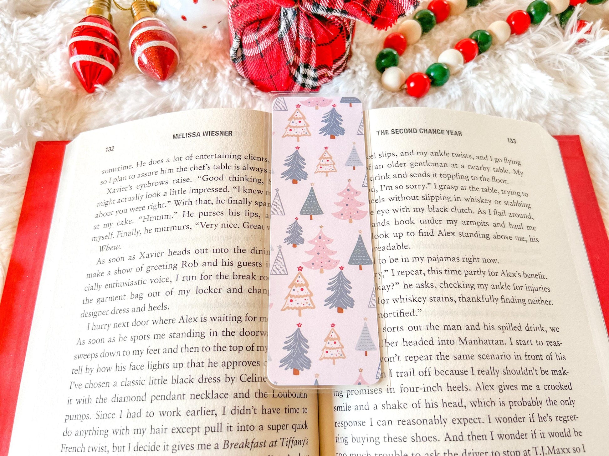 Pink & Gold Christmas Trees Bookmark | Snow Bookmark | Holiday Bookmark | Bookworm Gift | Gift for Reader | Winter Bookmark