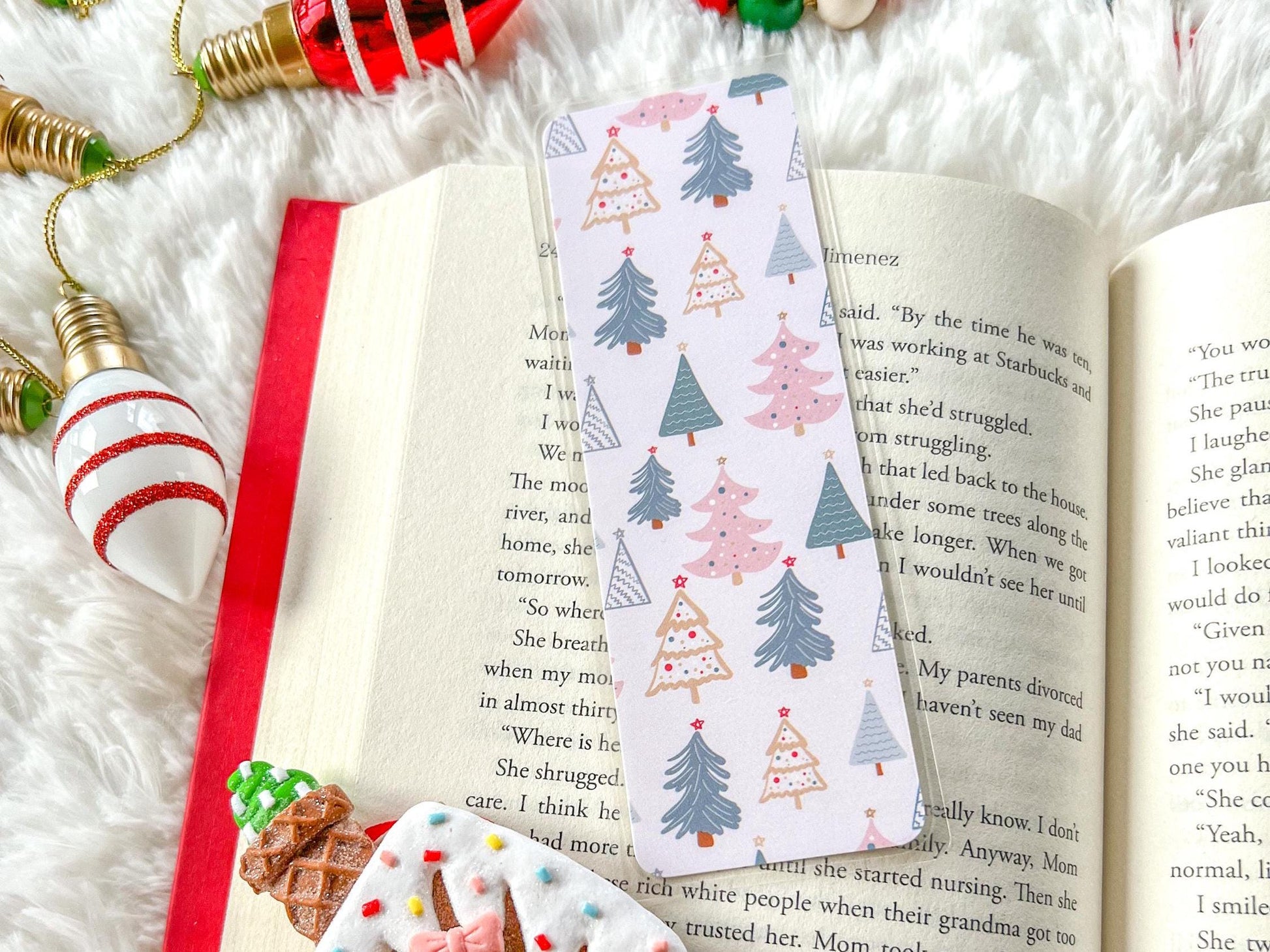 Pink & Gold Christmas Trees Bookmark | Snow Bookmark | Holiday Bookmark | Bookworm Gift | Gift for Reader | Winter Bookmark