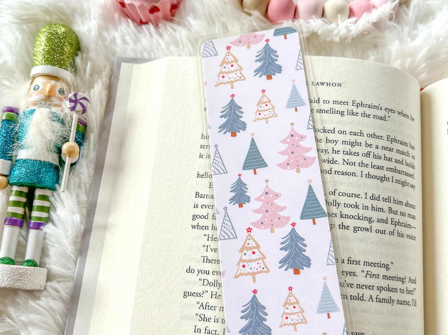 Pink & Gold Christmas Trees Bookmark | Snow Bookmark | Holiday Bookmark | Bookworm Gift | Gift for Reader | Winter Bookmark