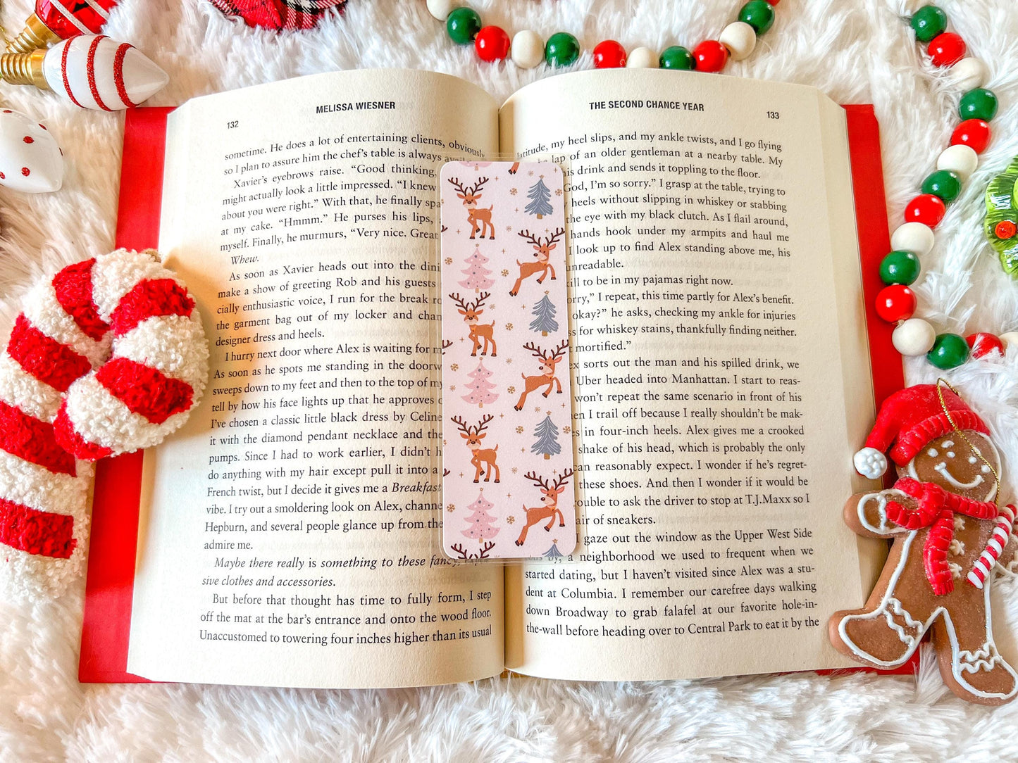 Pink Christmas Reindeer Bookmark | Christmas Bookmark | Snow Bookmark | Holiday Bookmark | Bookworm Gift | Gift for Reader | Winter Bookmark