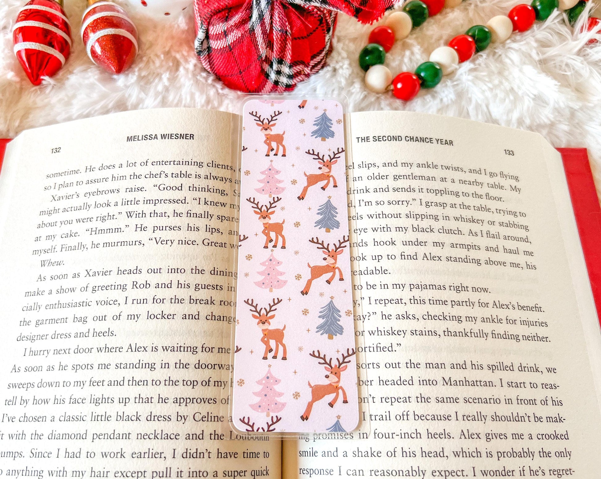 Pink Christmas Reindeer Bookmark | Christmas Bookmark | Snow Bookmark | Holiday Bookmark | Bookworm Gift | Gift for Reader | Winter Bookmark