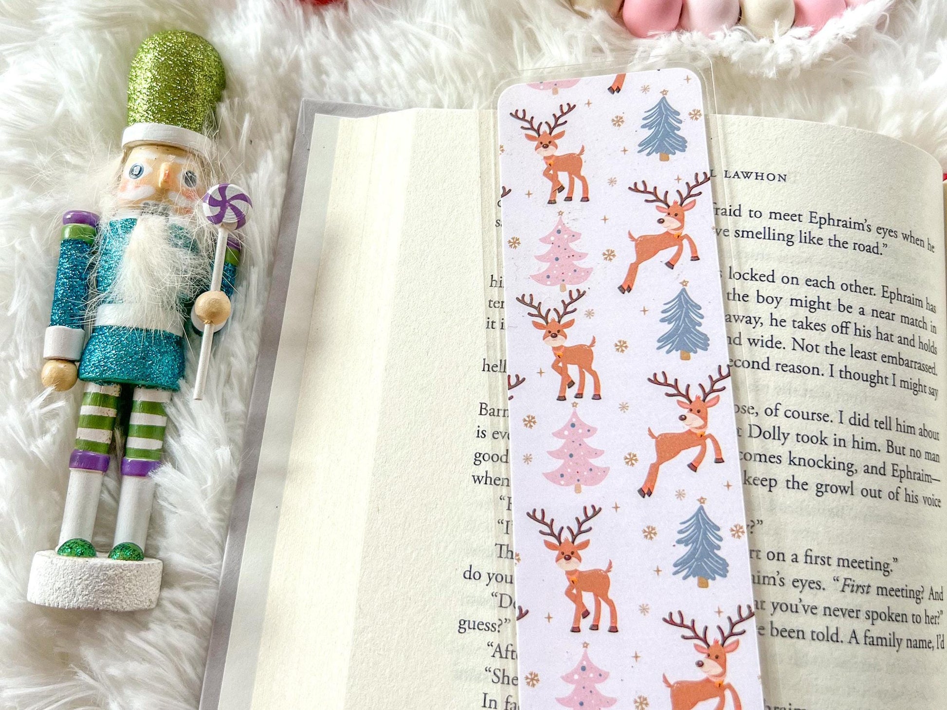 Pink Christmas Reindeer Bookmark | Christmas Bookmark | Snow Bookmark | Holiday Bookmark | Bookworm Gift | Gift for Reader | Winter Bookmark