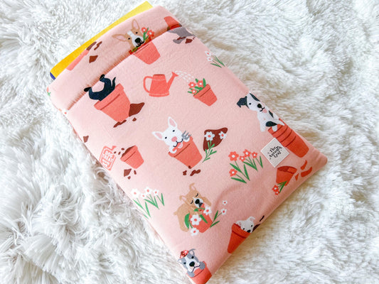 Summer Dogs In Plants Book Cover | Padded Book Cover | Book Holder | Book Pouch | Book Protector | Book Lover Gift | Dog Lover Gift