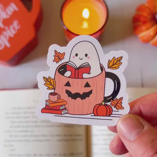 Ghost Reading in Pumpkin Coffee Mug Fall Cozy Vinyl Sticker