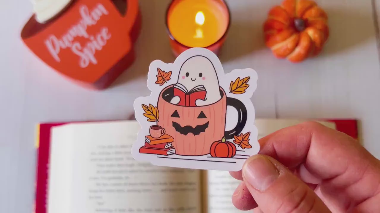 Ghost Reading in Pumpkin Coffee Mug Fall Cozy Vinyl Sticker