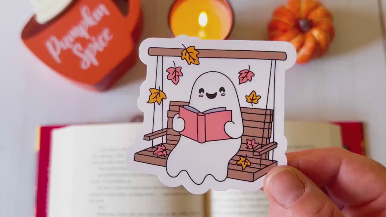 Ghost Reading on Porch Swing Fall Cozy Vinyl Sticker